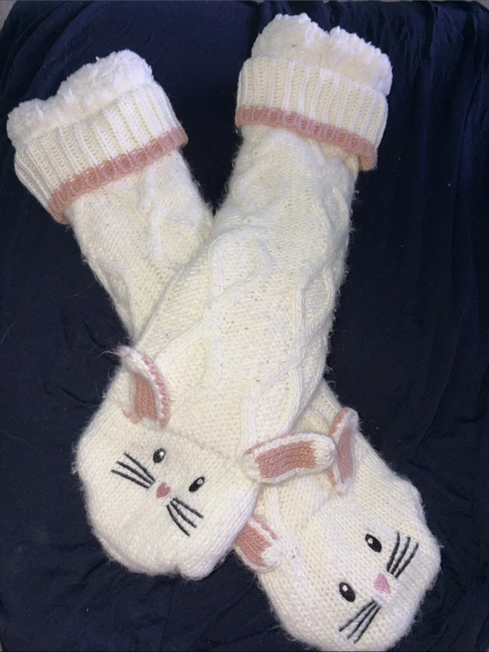 Cream Knit Cat Face Pet Socks with Bunny Ears